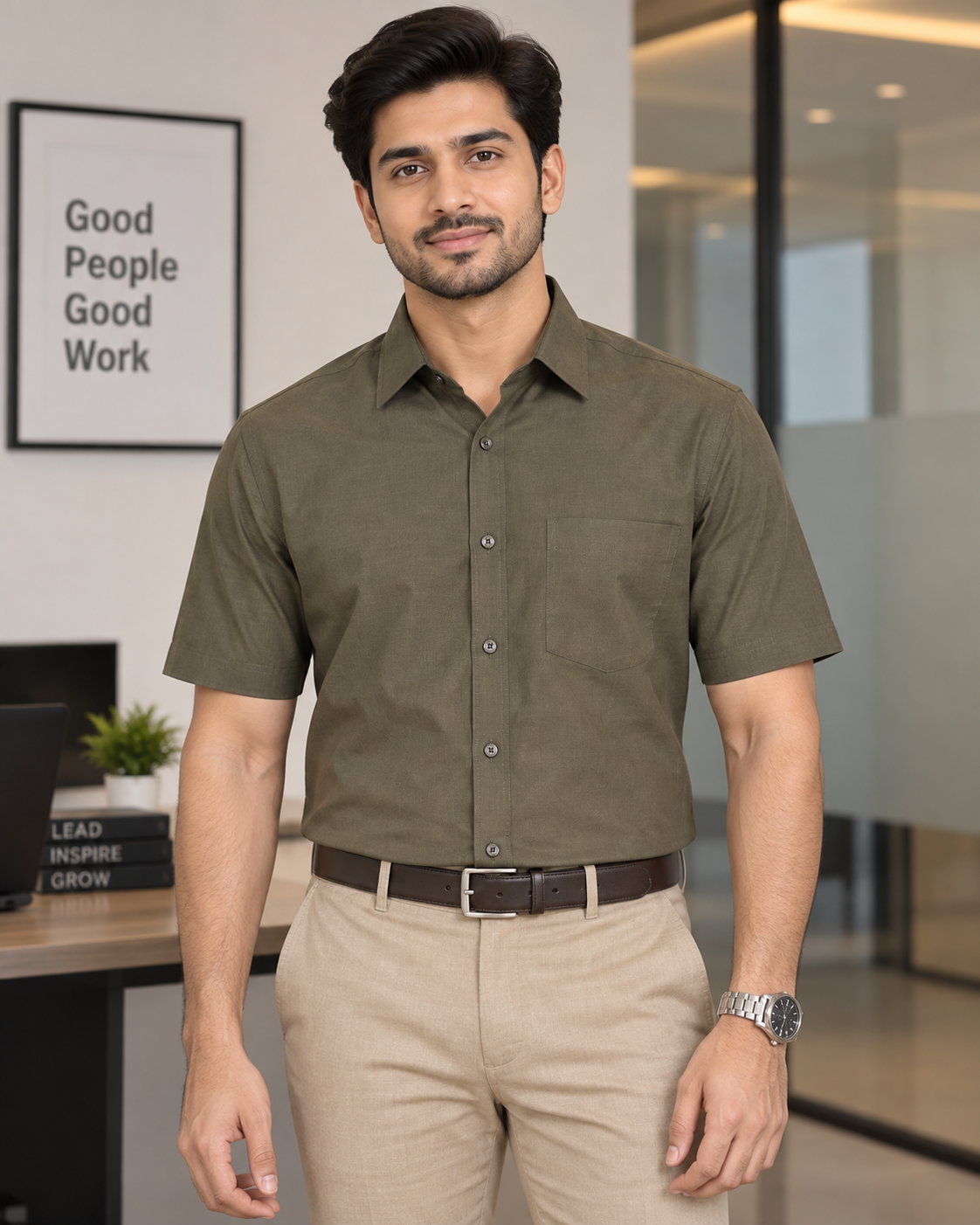 Dark Olive Brown Solid Cotton Half Sleeve Shirt