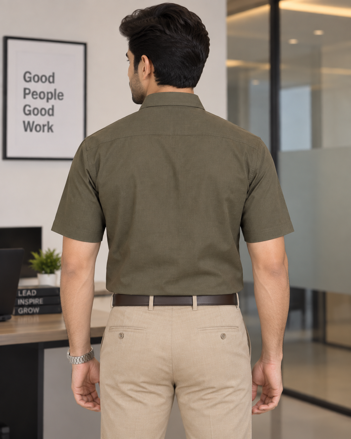 Dark Olive Brown Solid Cotton Half Sleeve Shirt